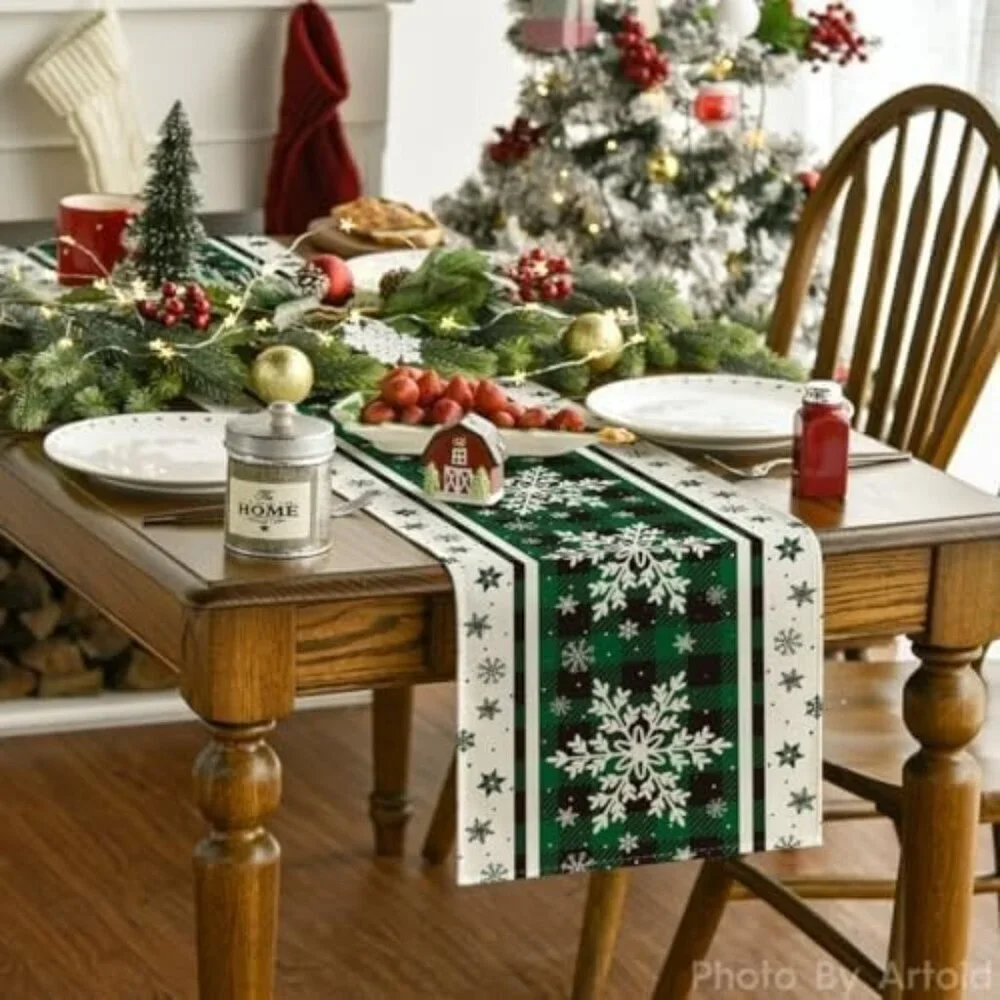 Green Buffalo Plaid Snowflakes Christmas Table Runner, Seasonal Winter 13x72